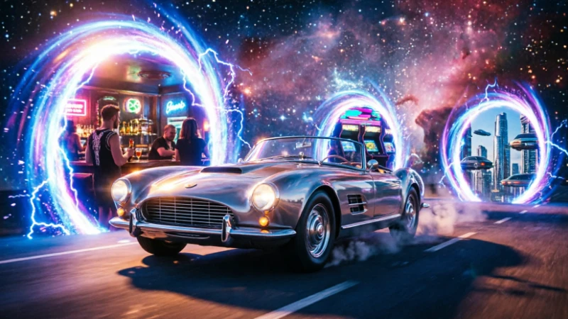 retro-sports-car-traveling through glowing time portals